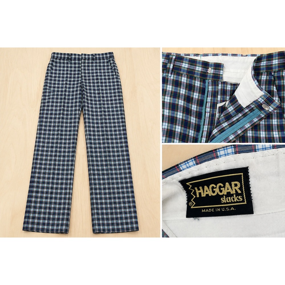 Vintage 70s Haggar Slacks Mens 34x32 Blue Green Plaid Straight Leg Trousers